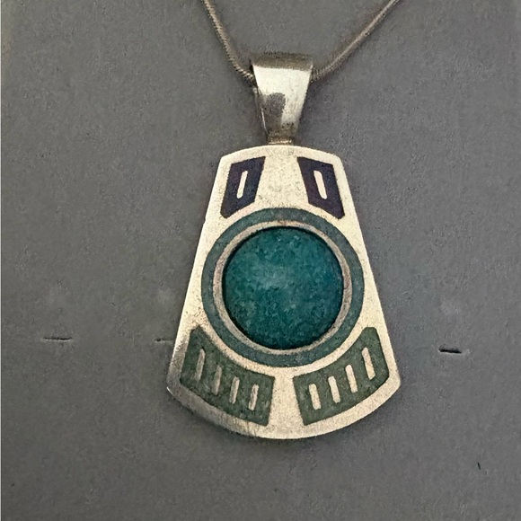 VTG RARE Sterling Silver 925 CCO Native American Turquoise Inlay Pendant 1.75 - Picture 2 of 13
